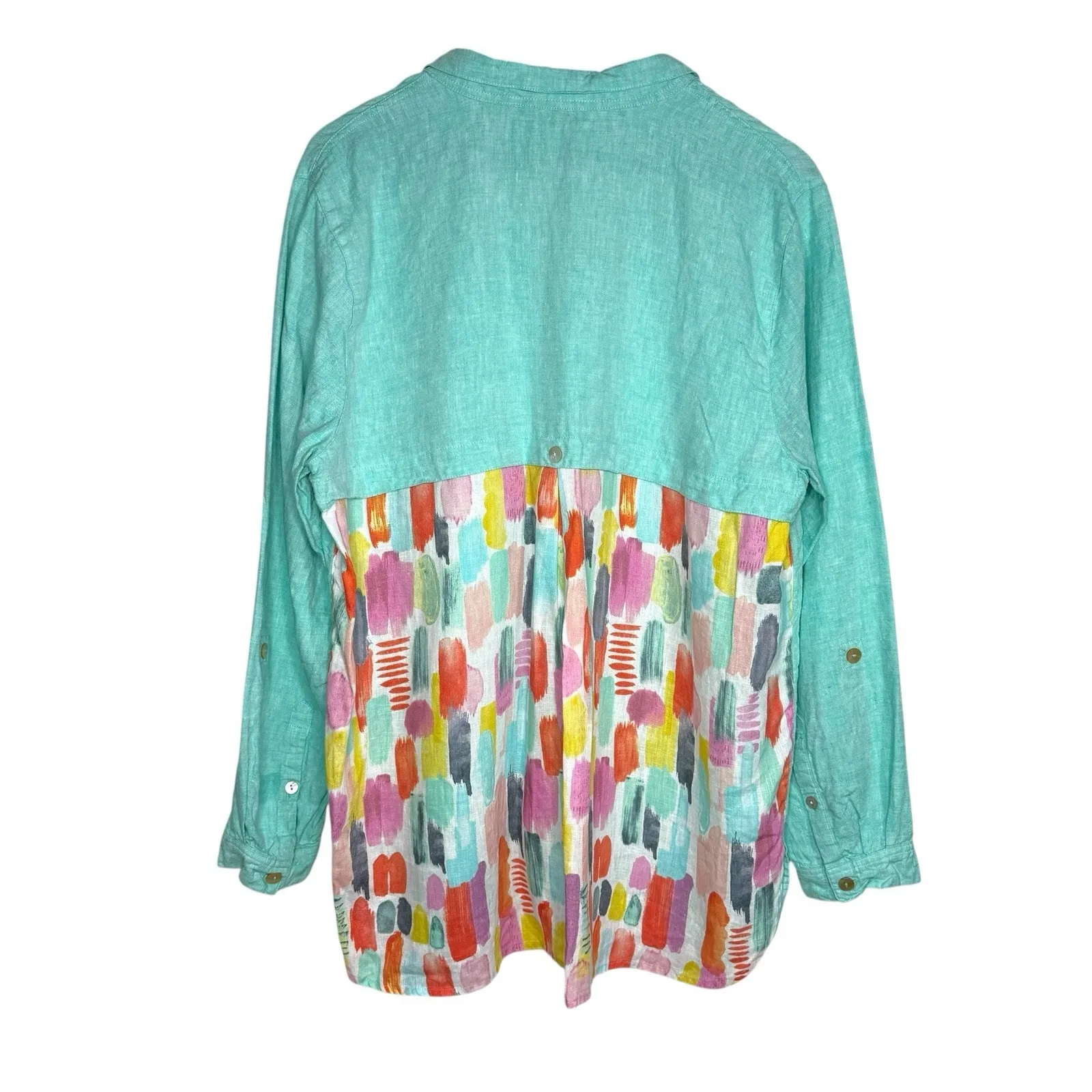 John Mark XL Linen Shirt Top Aqua Blue‎ Green Casual Artsy Lagenlook Roll Tab - Image 5