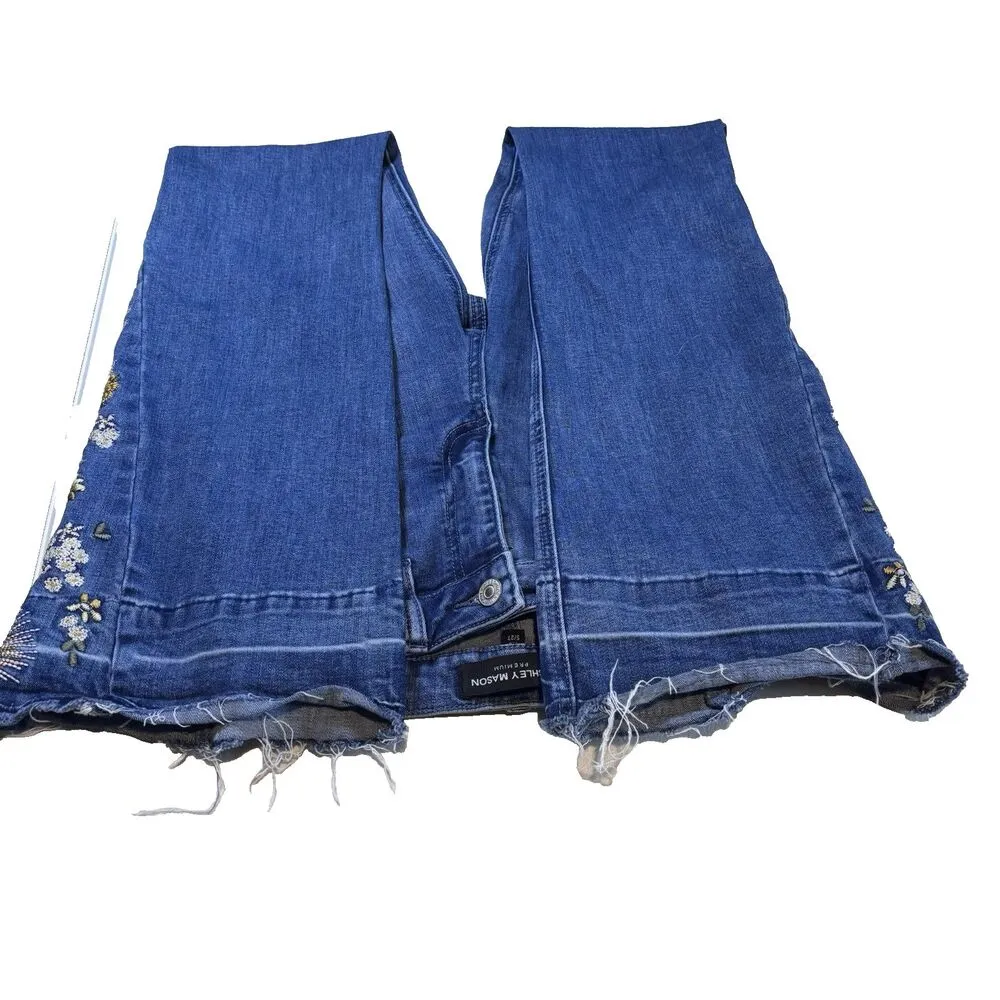 Ashley Mason Premium Embroidered Jeans 5/27 Blue Bell Bottom Flower Frayed Hem - Image 3