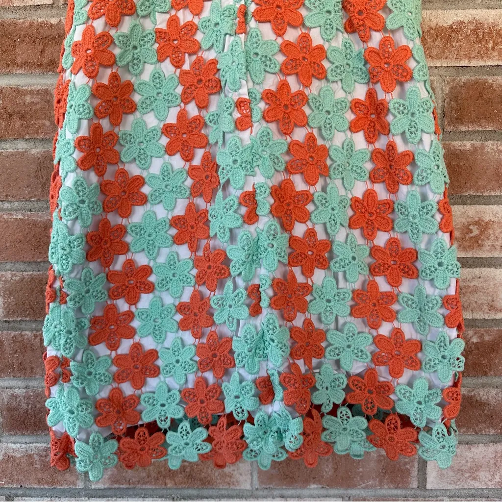 Lilly Pulitzer Crochet Overlay Flower Coral Teal Sheath Dress Women’s Size 6 - Image 9