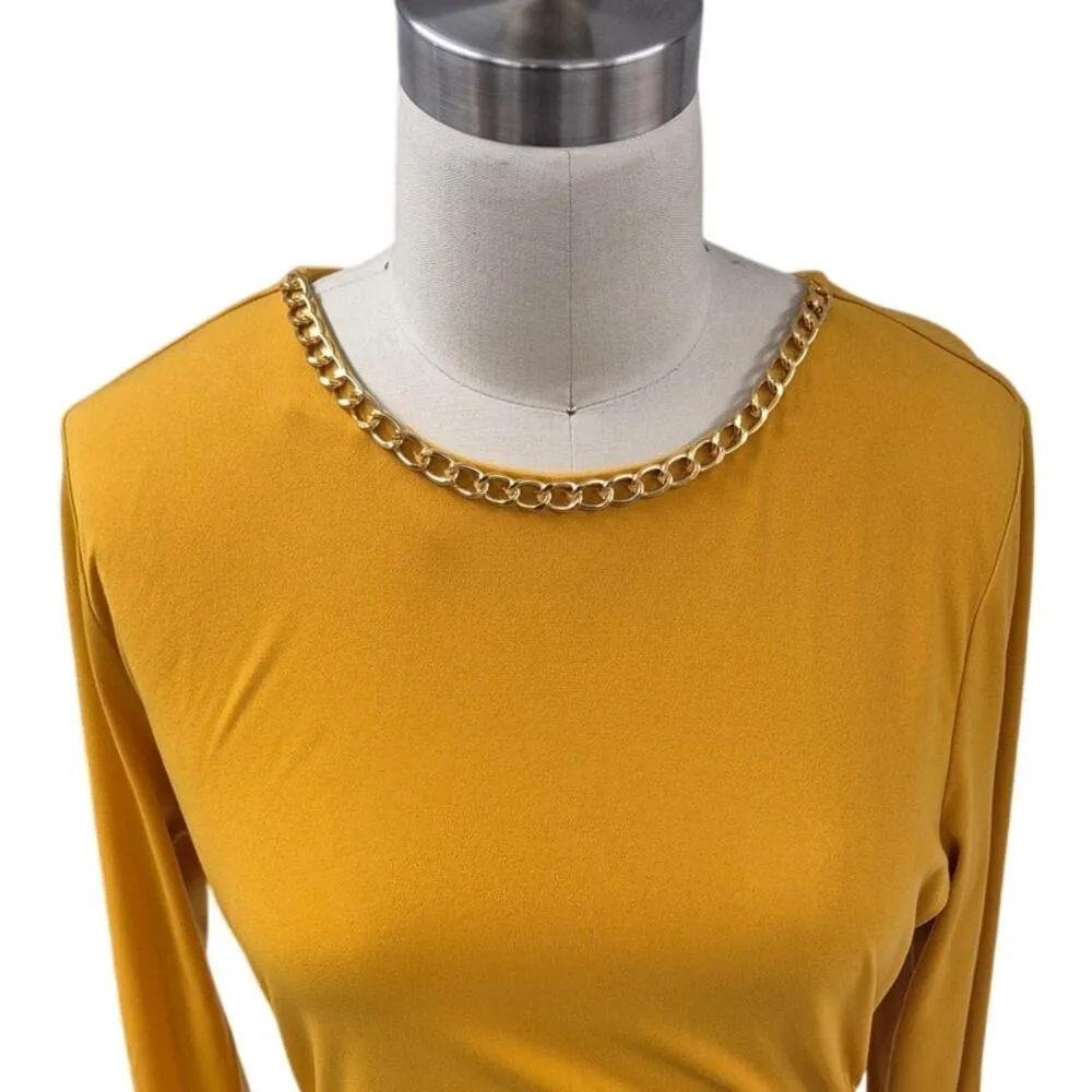 Michael Kors Gold Stretch Bodycon Dress Ruched Gold Curb Link Chain Neck M NWOT - Image 3