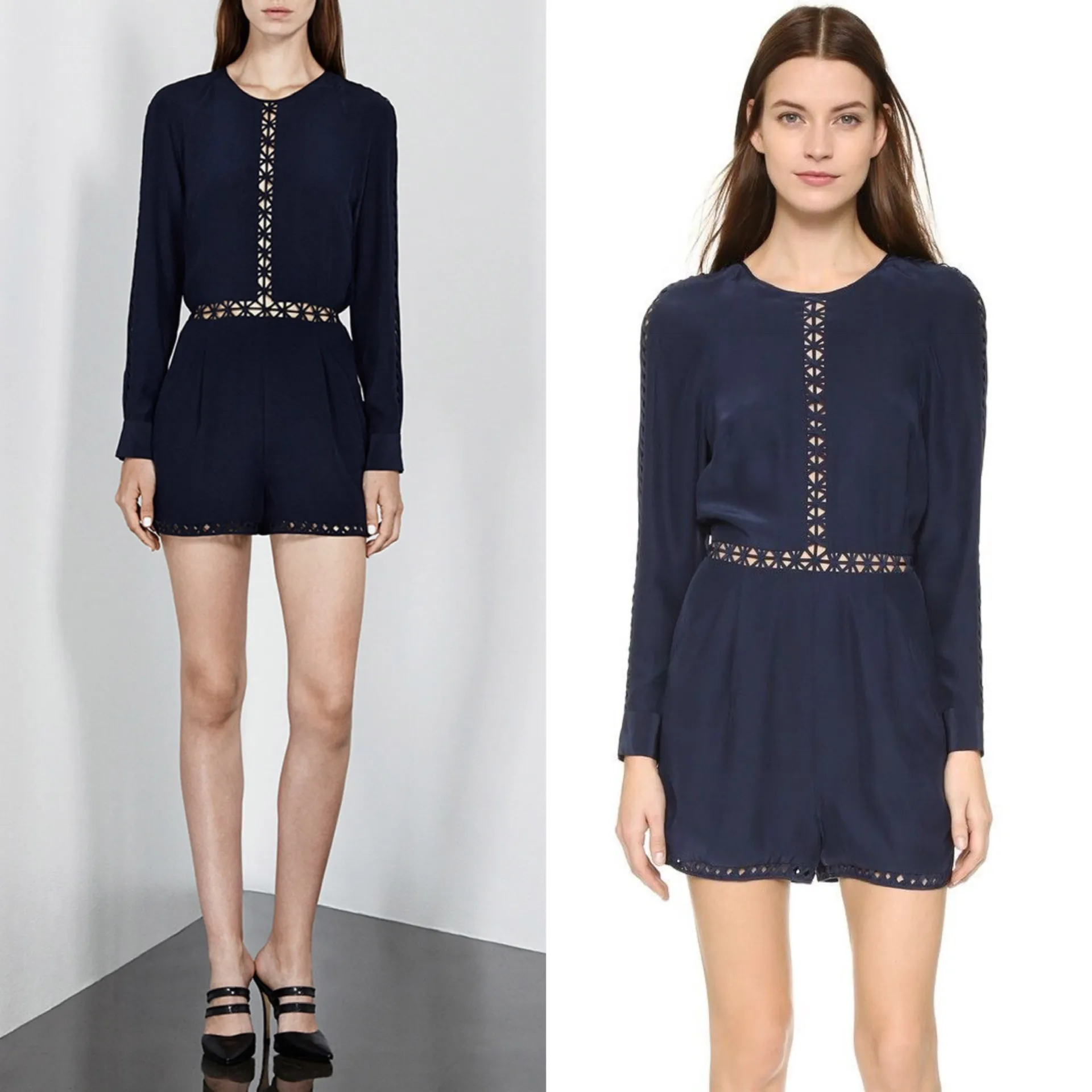 Crossbar long sleeve cutout navy blue Silk Romper size small S - Image 4