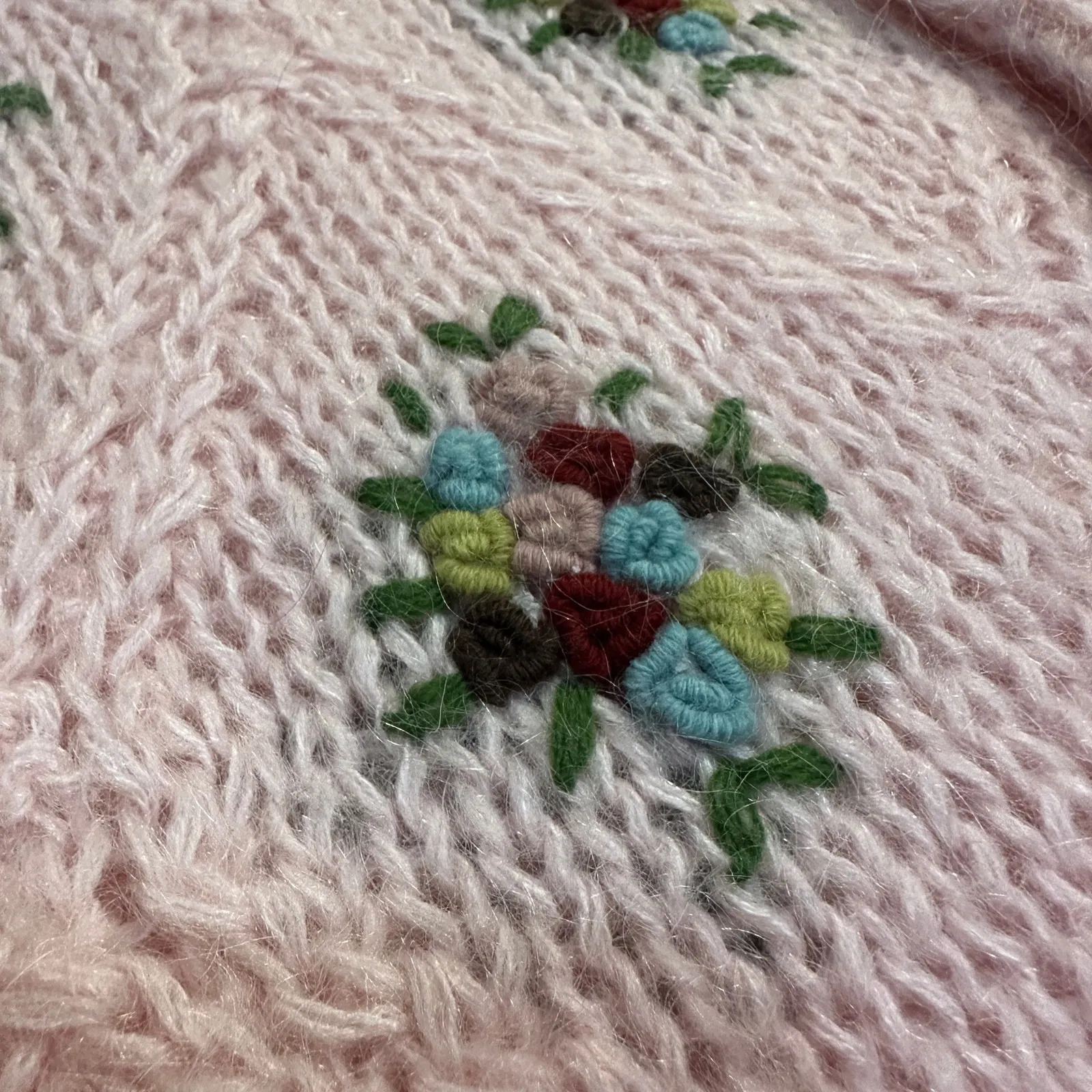 Vintage Mohair Medium Pink Floral Embroidered Wool Oversized Sweater Coquette - Image 4