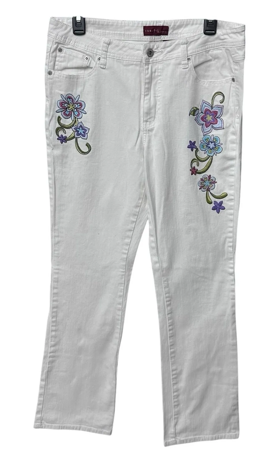 White Denim Floral Embroidered Hi Jeans Women Size 10 Straight Leg Boho Flower - Image 1