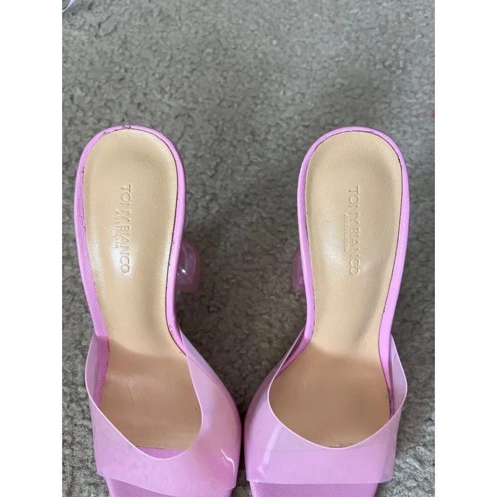 NWOB Tony bianco Australia pink pvc square peep toe vinyl mule heels size 5.5 - Image 2