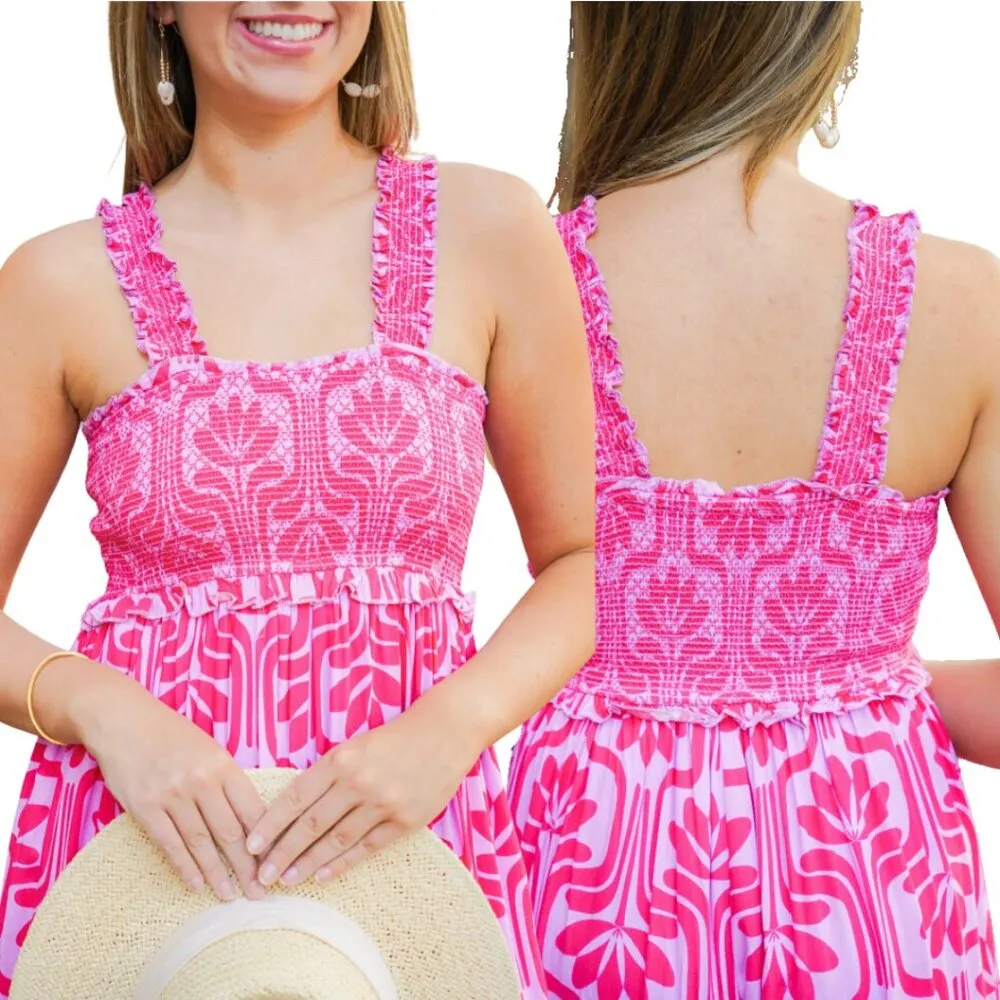 Entro Patterned Smocked Wide Leg Jumpsuit Women's Medium Pink Purple Comfy Boho - Image 3