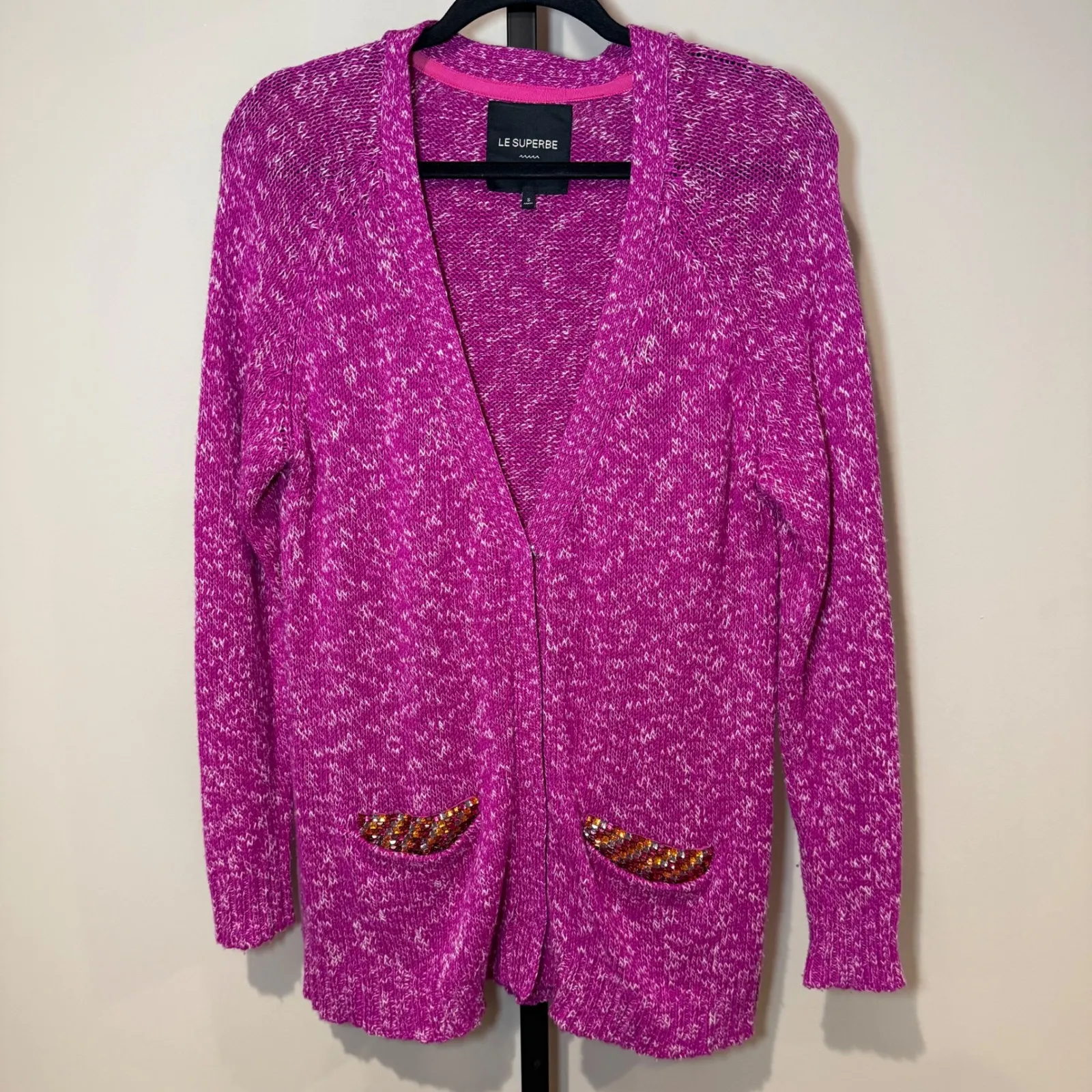 Le Superbe Silk Cashmere Cardigan Sweater Fuchsia Purple Size Small‎ - Image 3