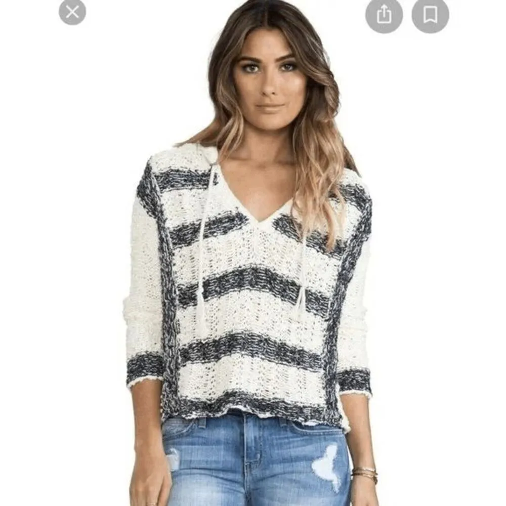 Free People Cali Love Striped Navy Blue Ivory Crochet Hoodie Knit Sweater Small - Image 9