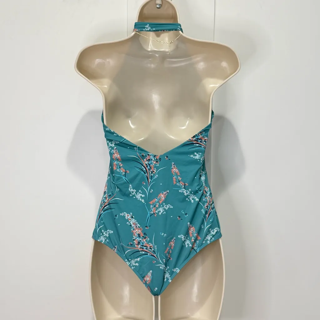 Beach Riot Coral One Piece Swimsuit Floral Mojito Teal Halter Neck Tie Medium - Image 6