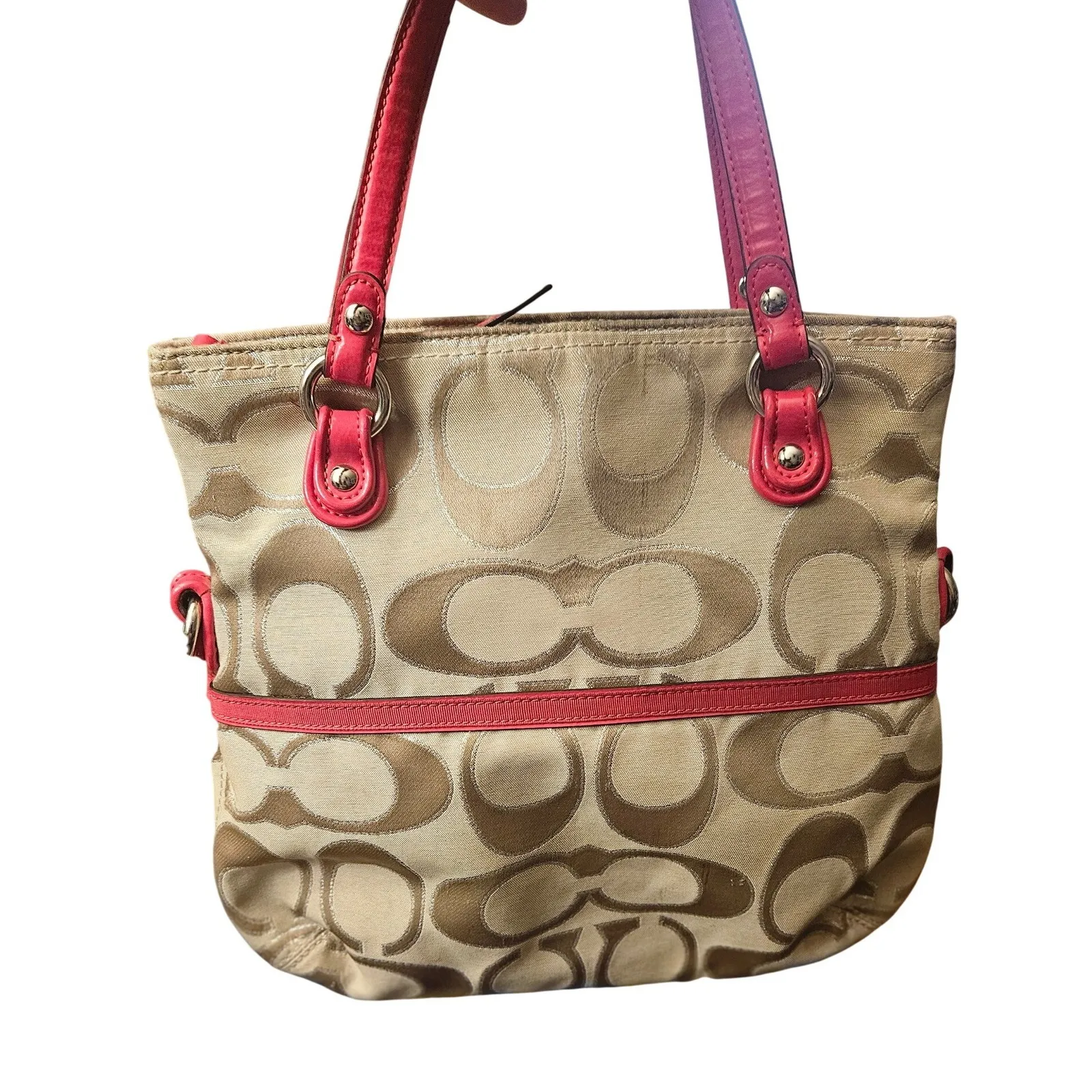 Coach Signature C Monogram Tote Bag Pink Leather Trim - Image 4
