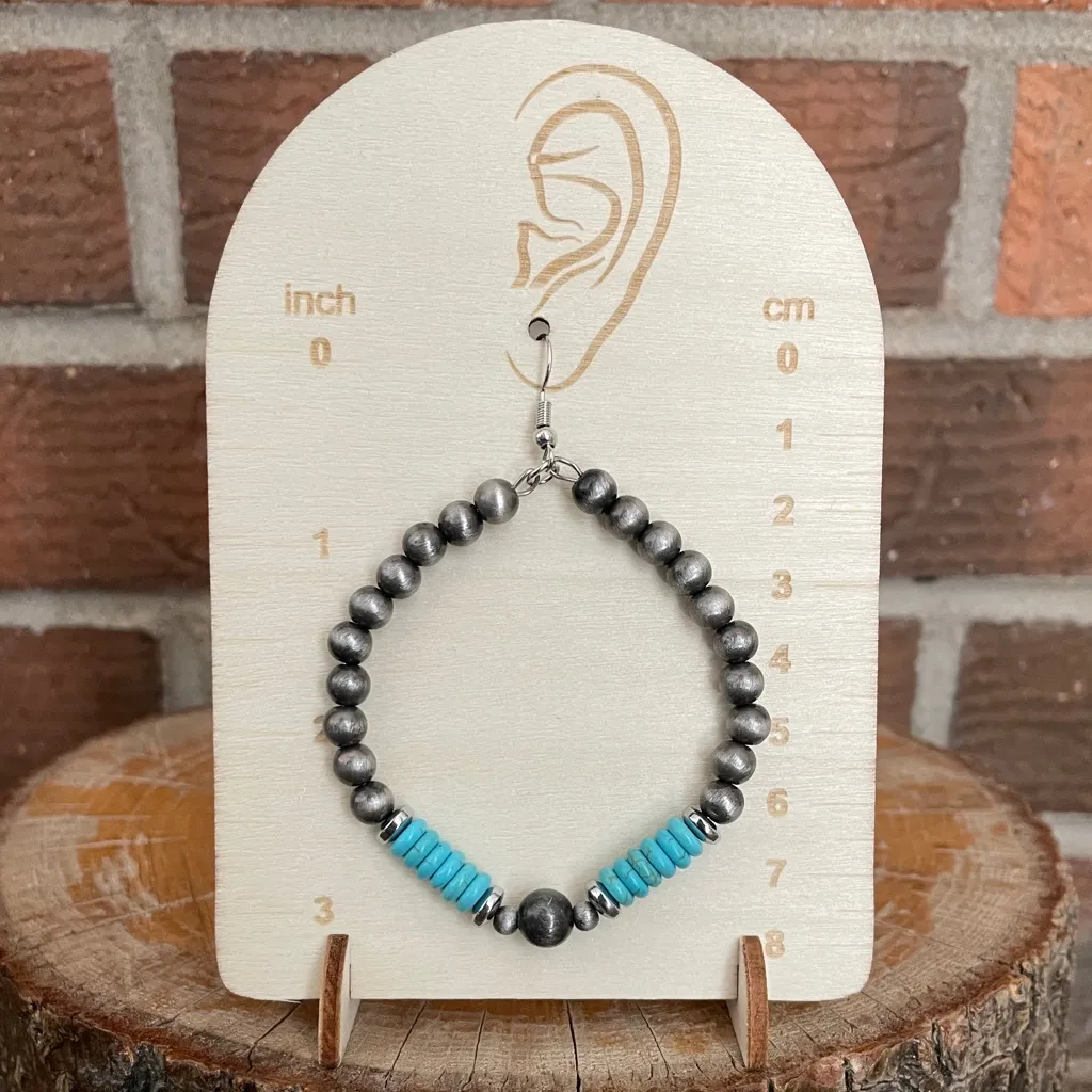 Navajo Style Pearl Hoop Drop Earrings with Turquoise Disks Silver - Image 2