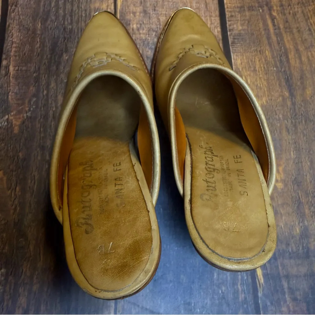 Vtg Y2K Autograph SANTA FE Woven Leather Mules 7B Pointed Toe Chunky Heel Tan Size 7 - Image 6