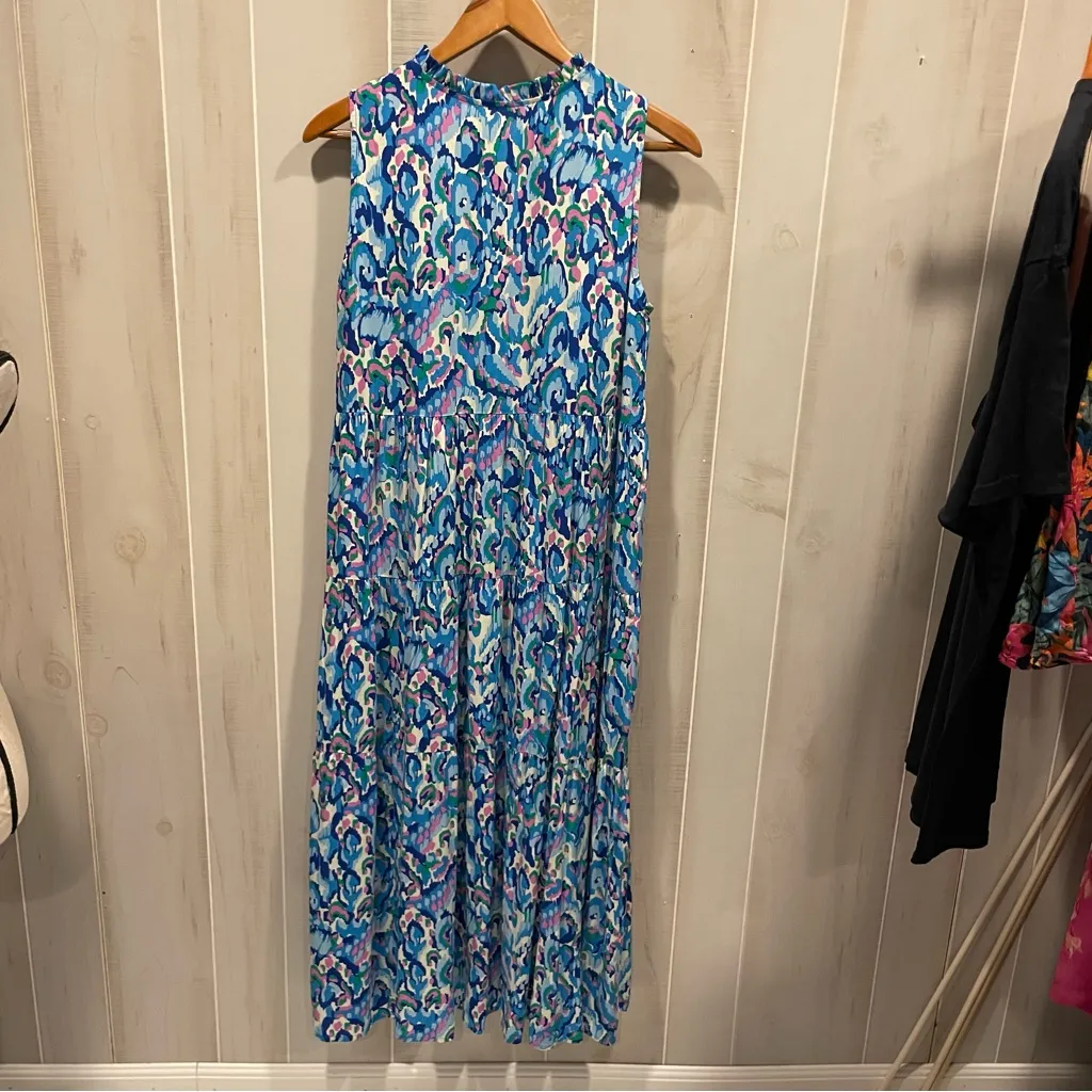 Flowy aqua confetti brushstrokes sleeveless maxi dress tassel tie neck tiered Blue Size M - Image 8