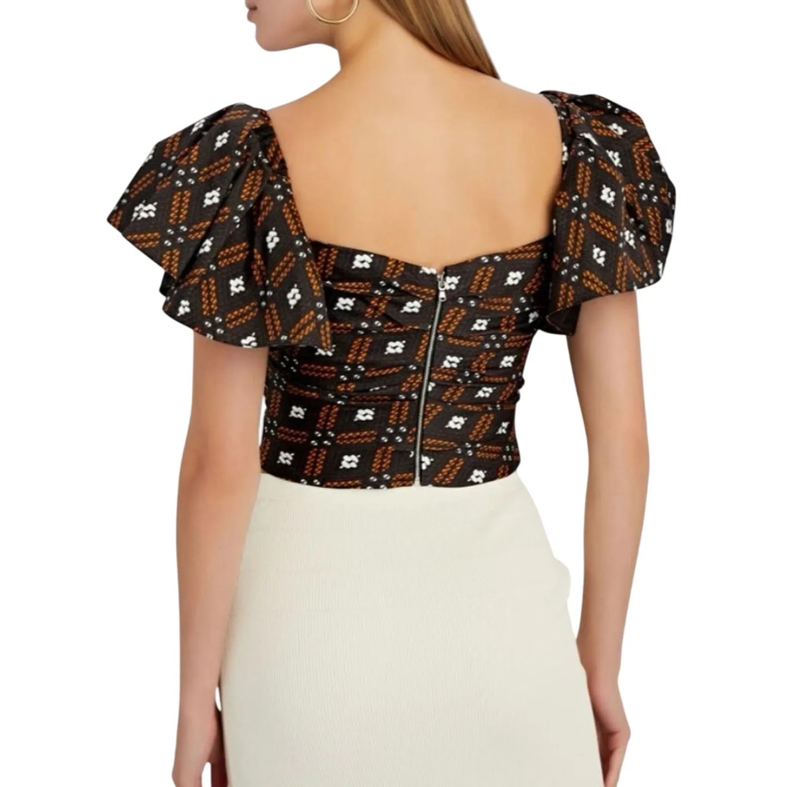 AUTUMN ADEIGBO Jules Ruffled Printed Bustier Top, Size 14, New w/ Tag MSRP $565 Black - Image 7