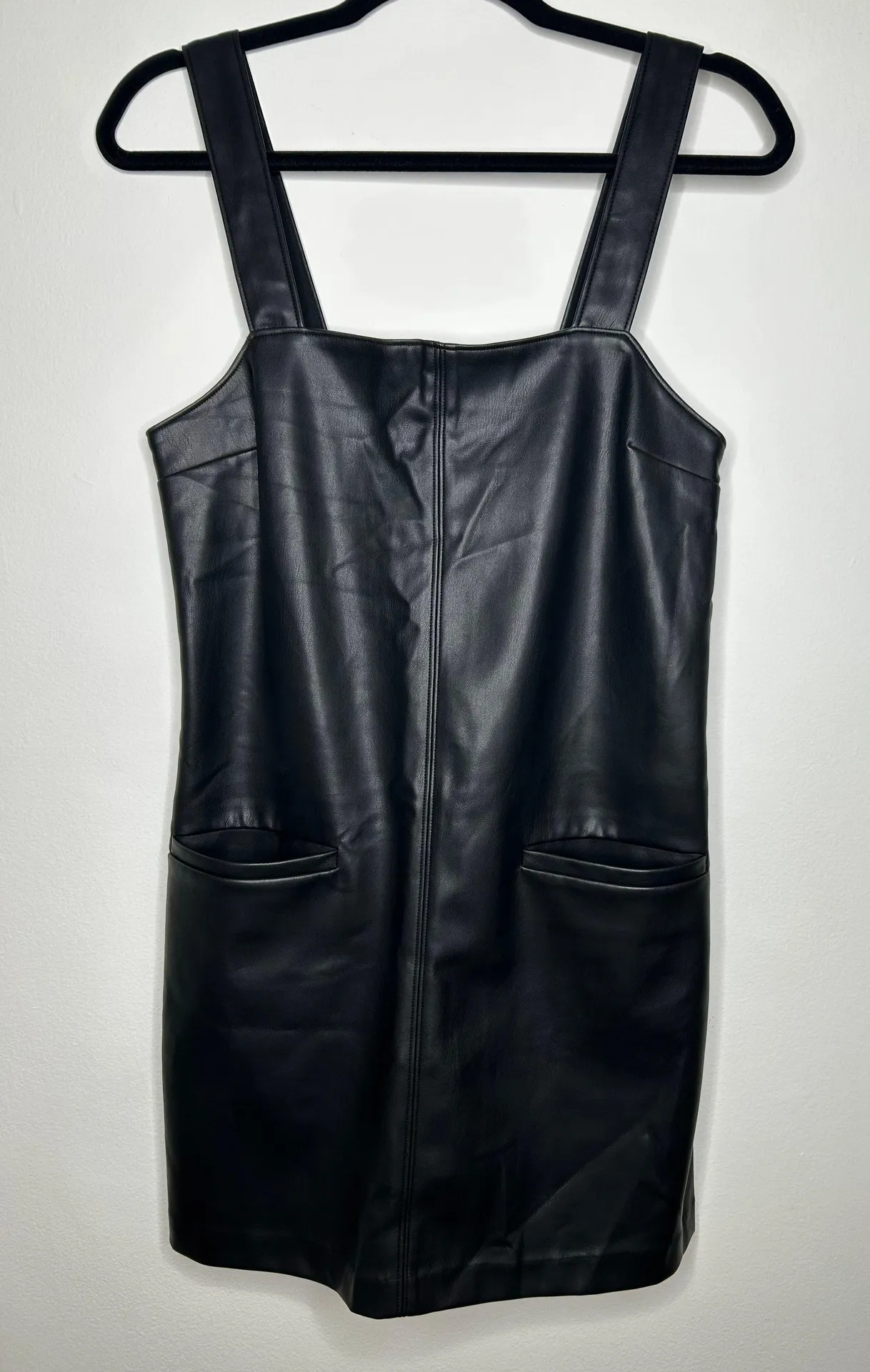 Black Faux Leather Front Pocket Mini Shift Dress Layering - Image 9
