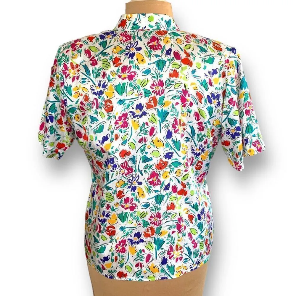 Vintage Notations Petite Shirt White Multicolored Lime Green Flower Button Up Size 12P - Image 7