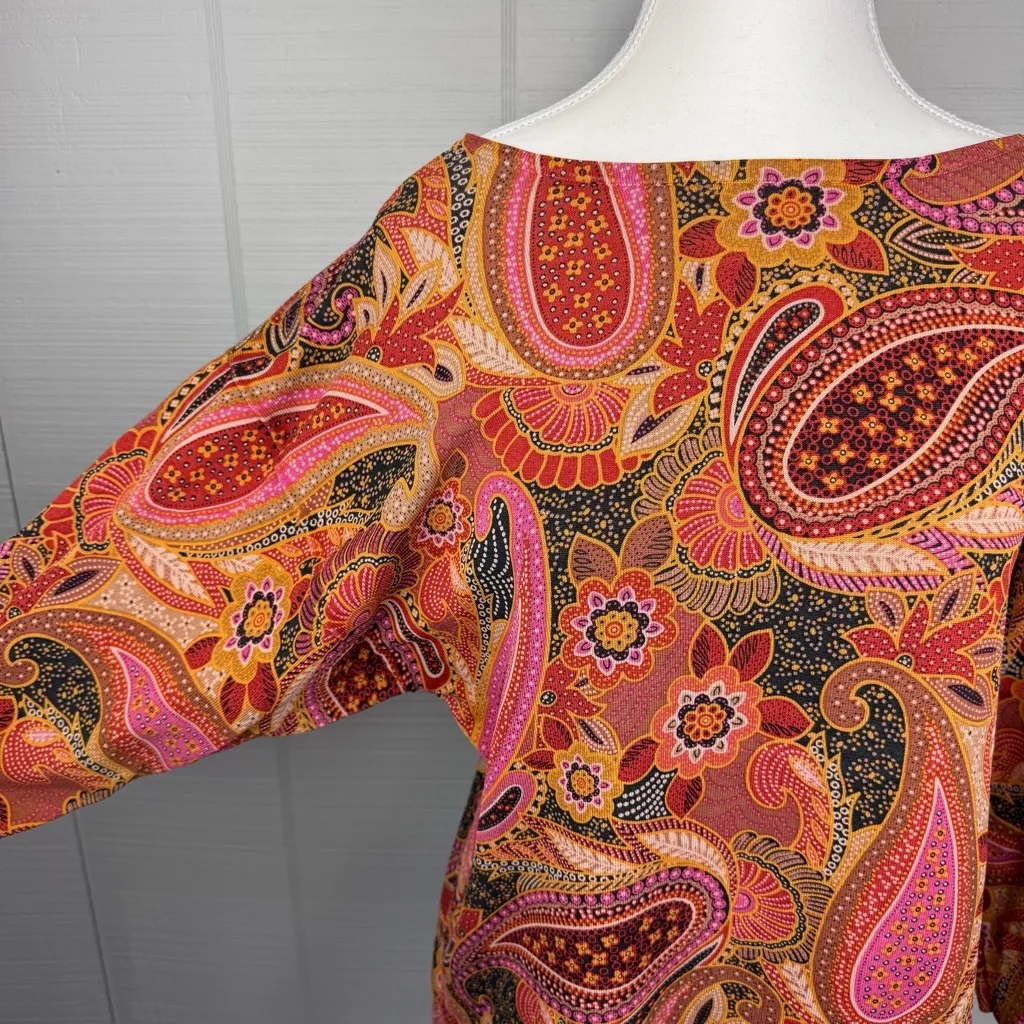 Jones New York Signature Paisley Boat Neck Dolman Sleeve Top Silk Y2K Boho 70s L - Image 3