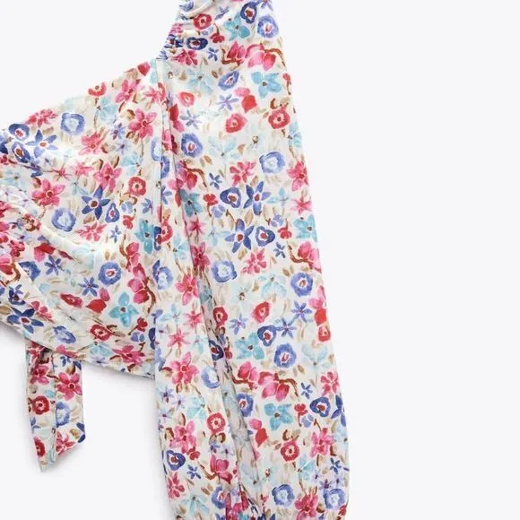 NEW ZARA LINEN BLEND FLORAL PRINT CROP‎ TOP SIZE M RUCHED V NECK BALLOON … - Image 12