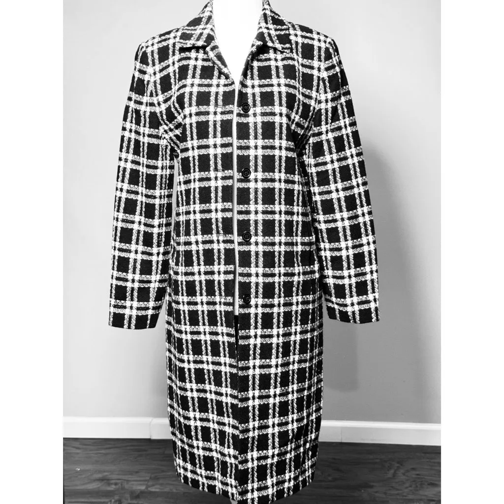 Amanda Smith Plaid Black White Long Coat Womens 6 Classic 96% Wool Pockets Cozy - Image 6