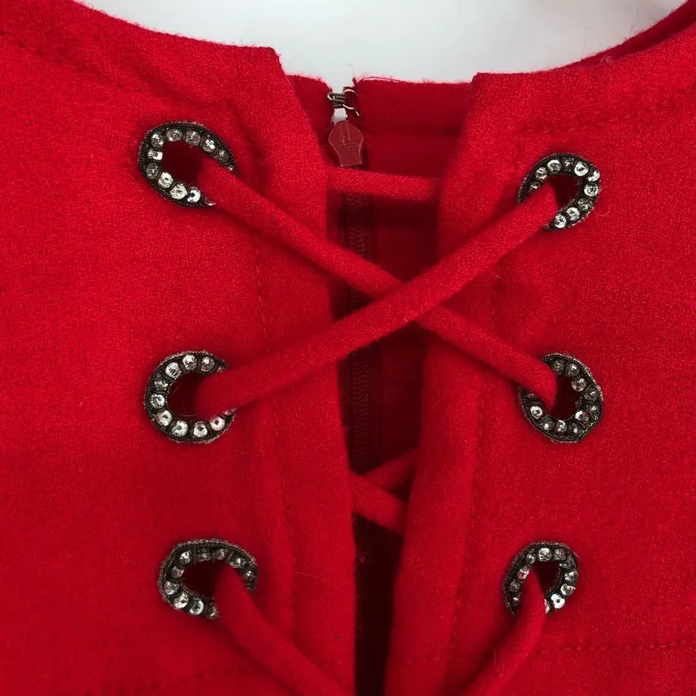 70’s Vintage Bill Blass Red Neiman Marcus Crisscross Lace Up Elbow Sleeve Dress - Image 4