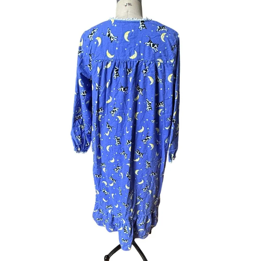 Lanz of Salzburg Cow Jumped Over the Moon Flannel Nightgown Size Medium Blue - Image 2