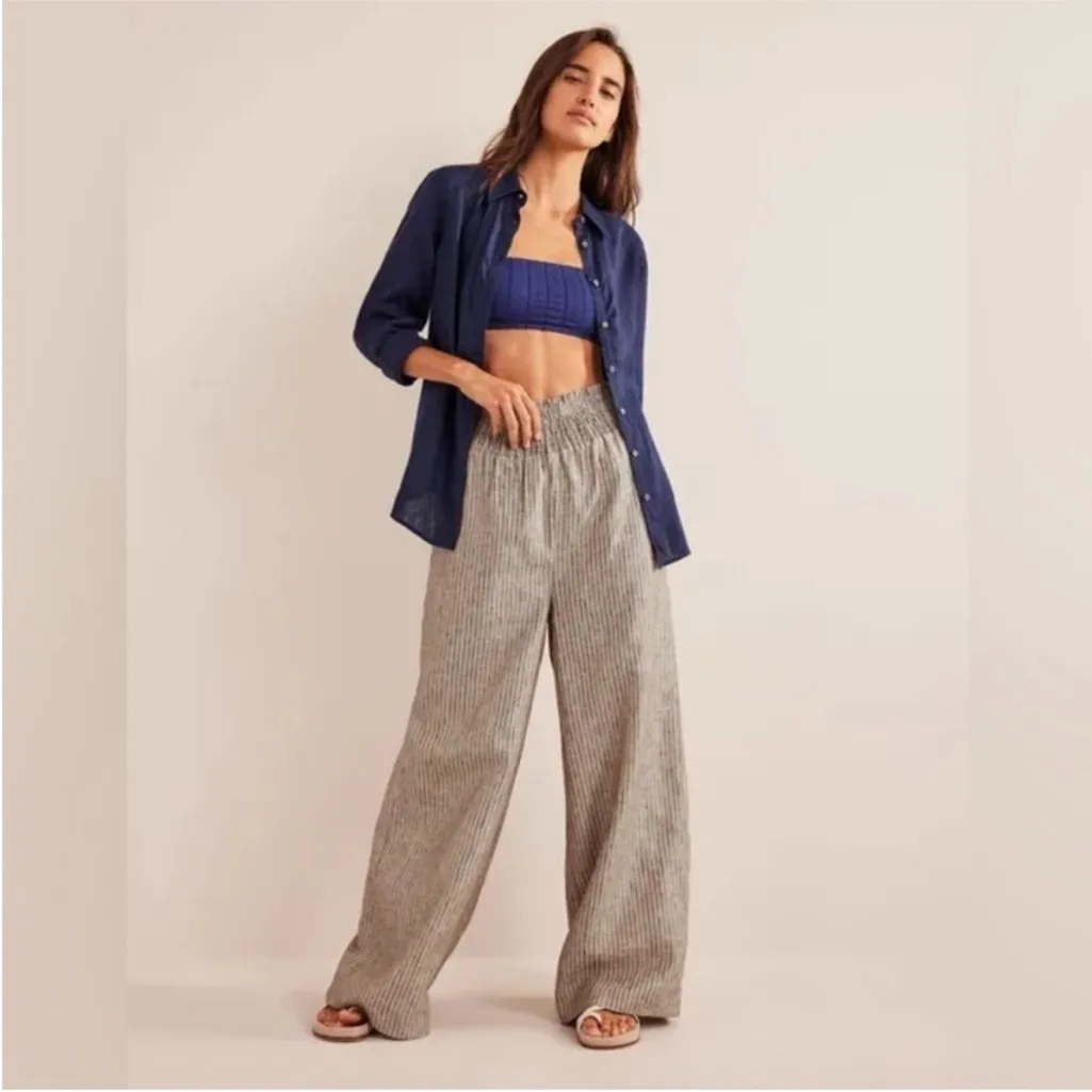 BODEN Linen Shirred Waist Trousers striped Sz 12 Tan - Image 2