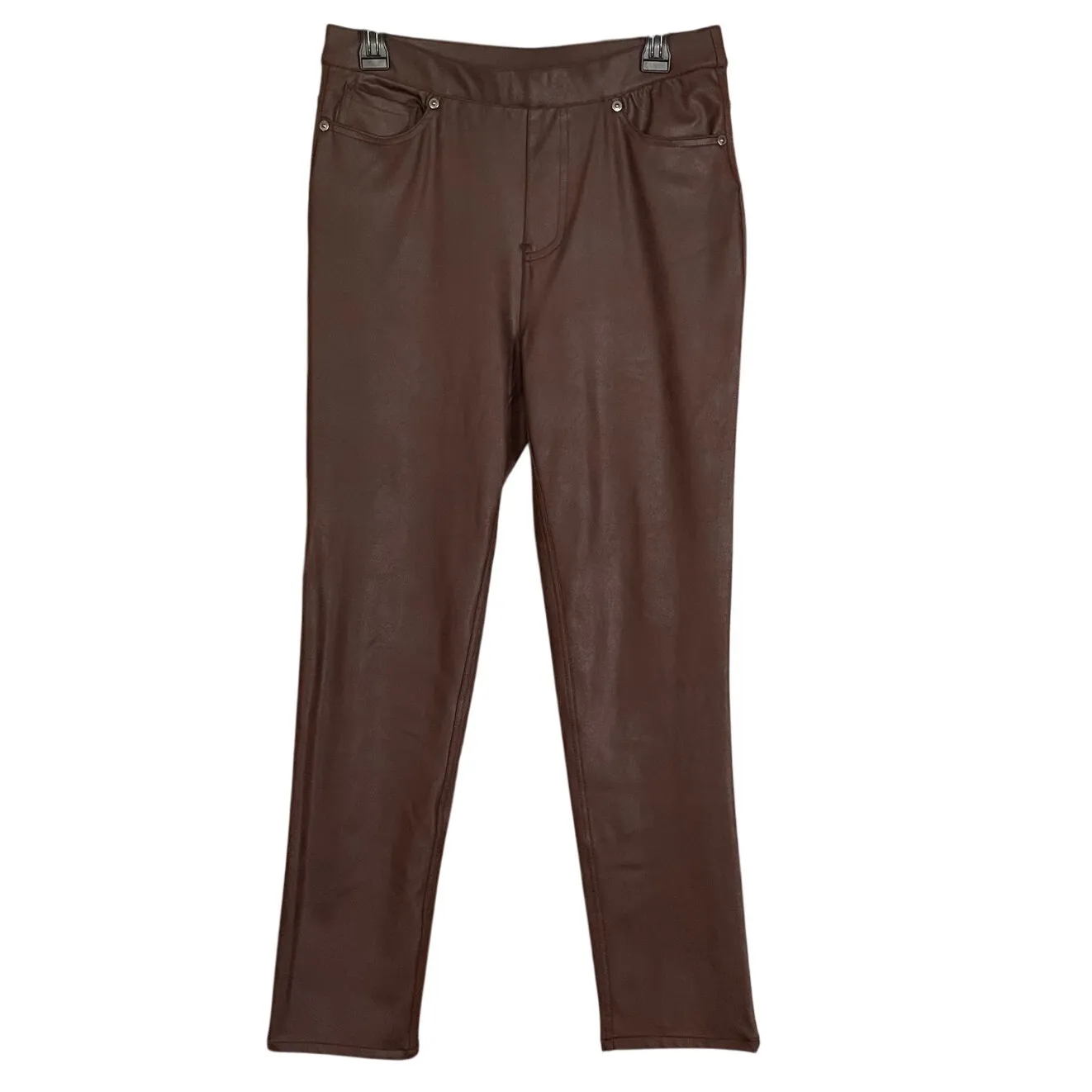 DG2 Diane Gilman Medium Womens Coated Knit Faux Leather Look Pull On Slim Pants Brown - Image 2