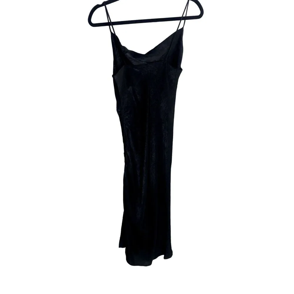Zara Sleeveless Spaghetti Strap Ruched Draped Slit Side Midi Dress S Black 3626 - Image 6