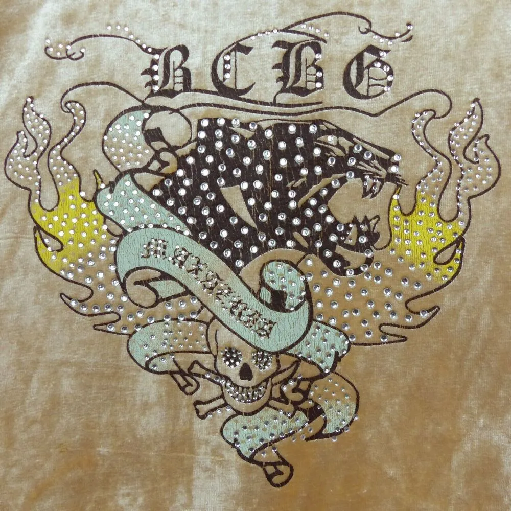 Vtg BCBGMAXAZRIA Y2K Velour Hoodie Track Jacket M Beige Rhinestone Graphic Flame - Image 13