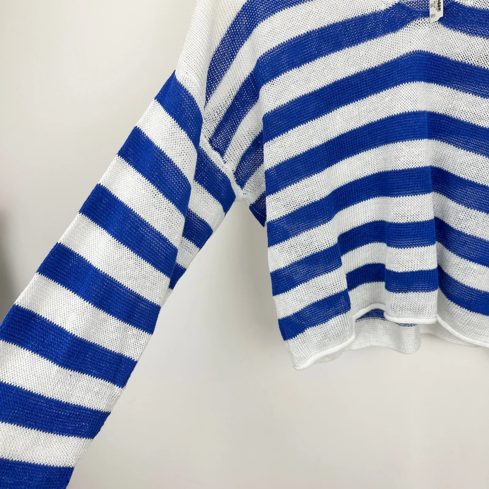 Madewell Linen V Neck Sweater Striped Sapphire Blue Relaxed Nautical Small NWT - Image 9