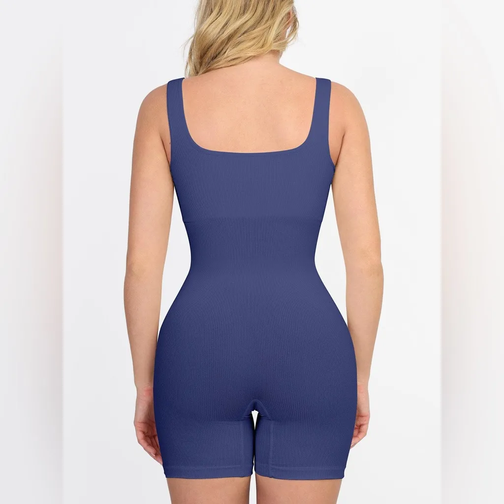 POPilush Shapewear Seamless Square Neck Smoothing Sport Romper Blue Size XL - Image 12