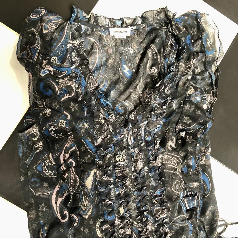 Rimana Paisley Mini Ruffle Beaded Dress Navy Blue Bohemian sz S - Image 9