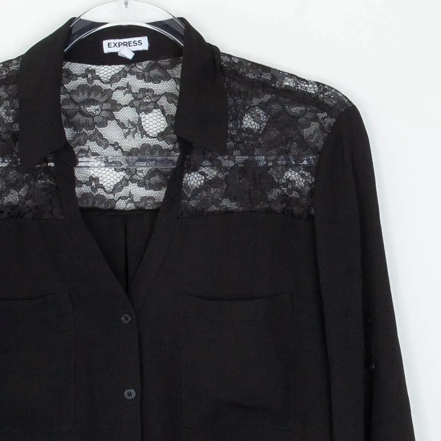 Express Womens Lace Button Front Blouse Size L Black Roll Tab Sleeve Whimsigoth - Image 2