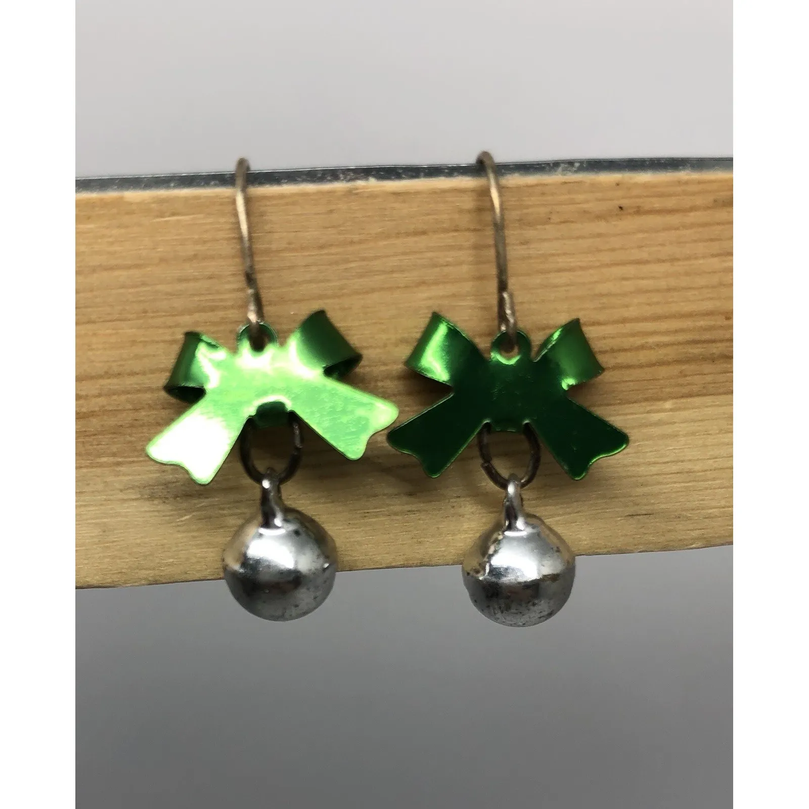 CHRISTMAS SILVER JINGLE BELLS, GREEN BOW FISH HOOK BACK‎ EARRINGS - Image 2