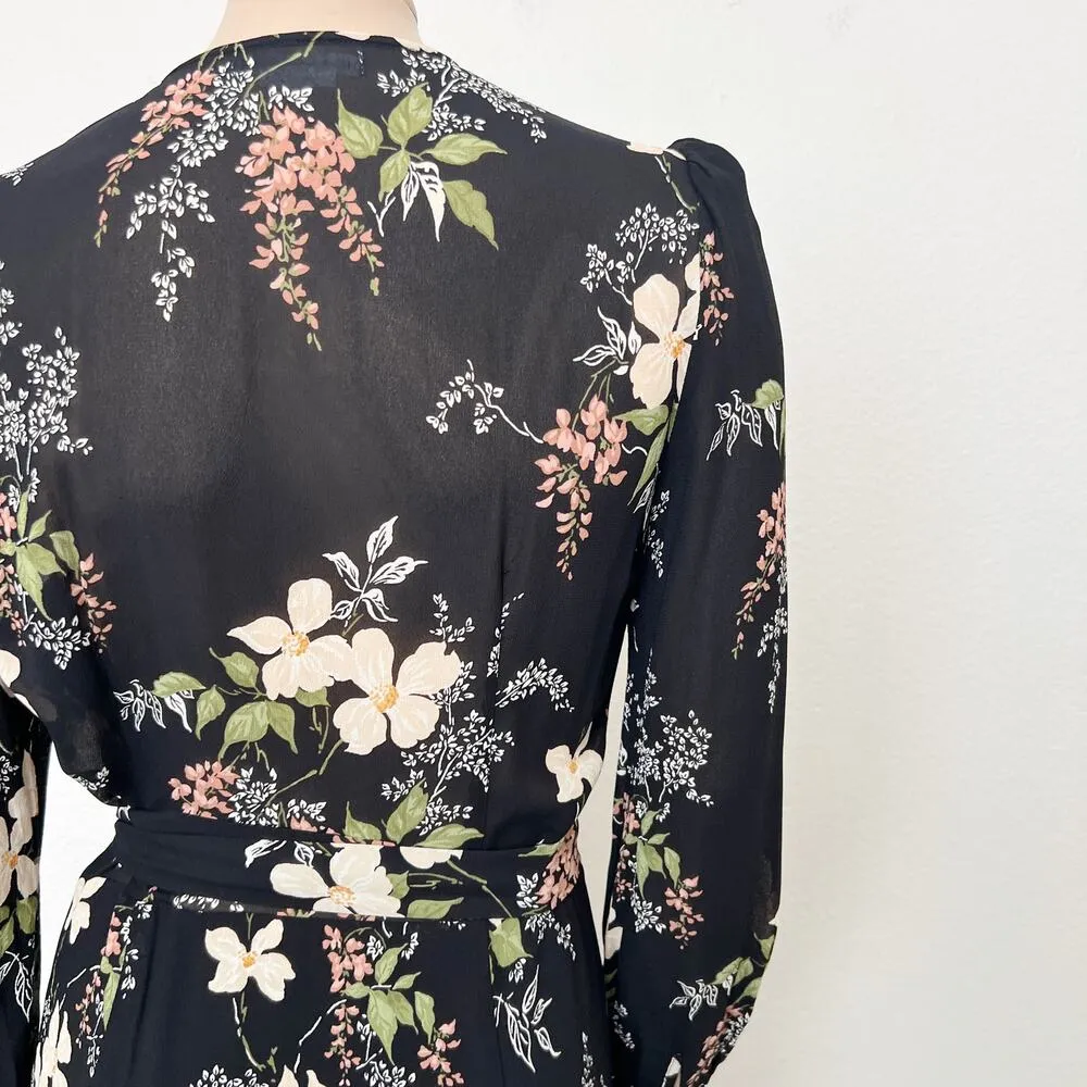 [Reformation] Black Floral Print Susanna Long Sleeve Wrap Midi Dress Sz Large L - Image 10