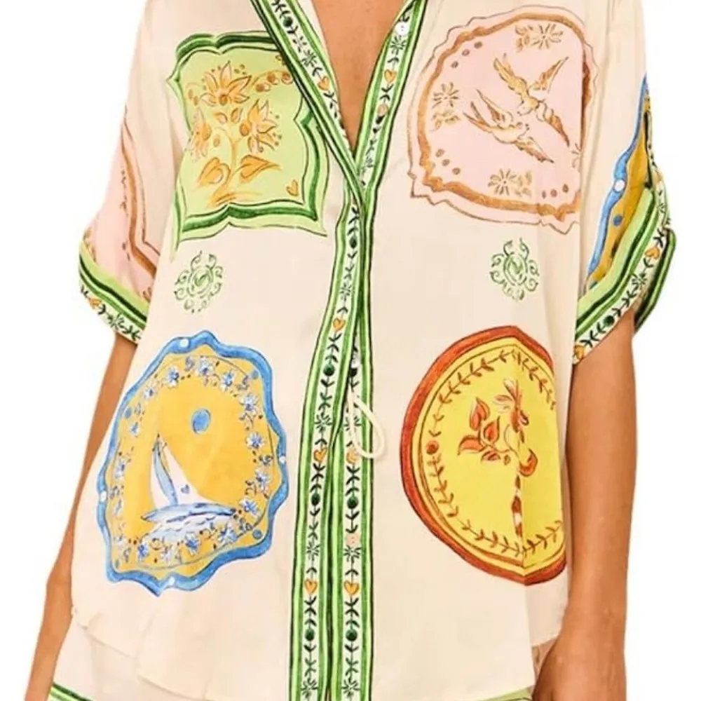 Boho Style Porcelain Print Pajama set or Beachwear Size Large Green - Image 2