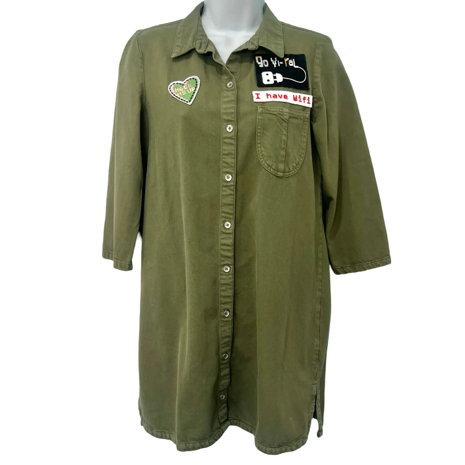 Zara Olive Green Patches Denim Button Down 3/4 Sleeve Shirt Dress sz S Trafaluc - Image 10