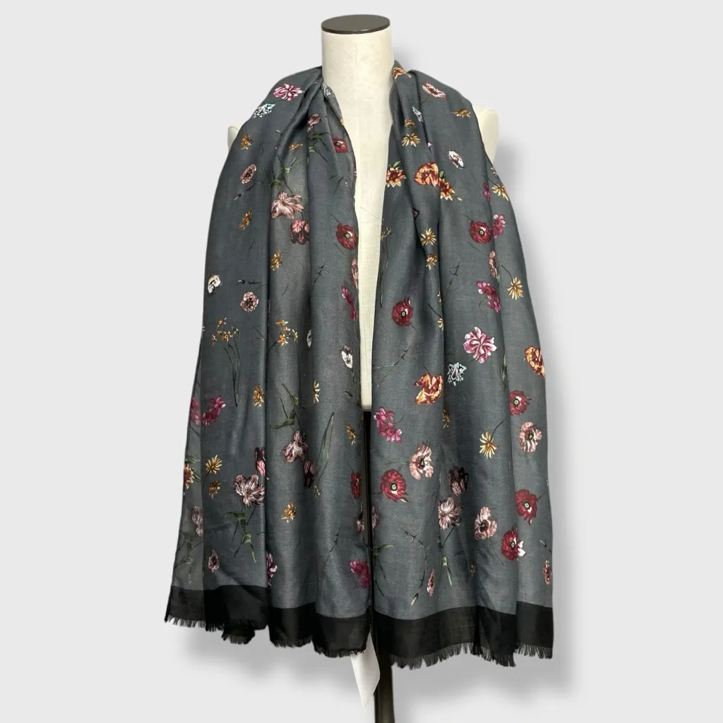 Gauzy Floral Scarf Gray Rectangular Raw Edge Fringe Polyester Women Lightweight‎ - Image 2