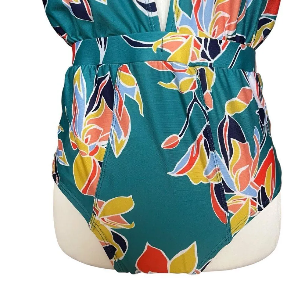 ModCloth Swimsuit Women’s Medium Teal Floral One Piece Bethany Halter Retro - Image 6