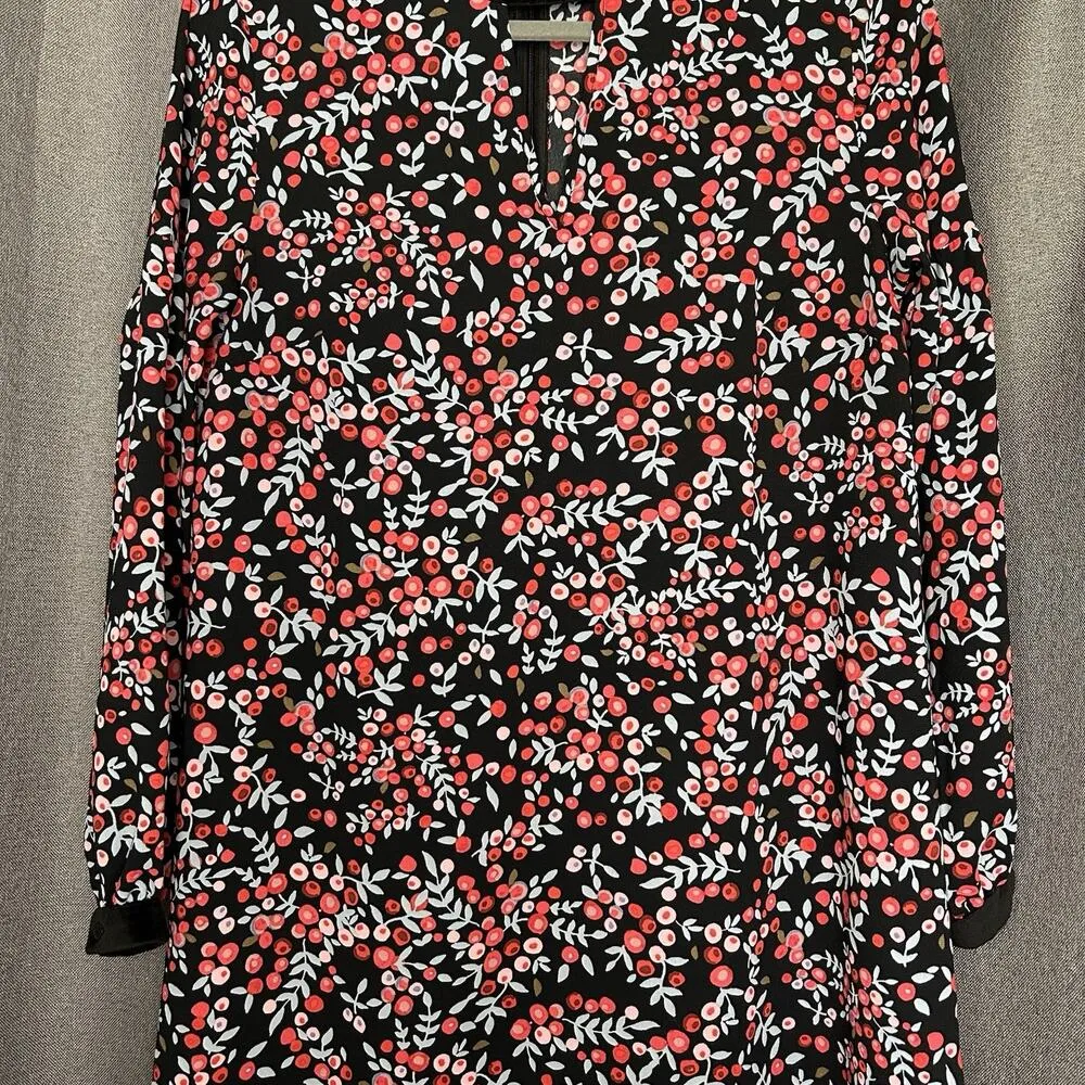 LOFT Dress Womens Size Small Velvet Trim Long Sleeve Keyhole Floral Cherry Berry - Image 3