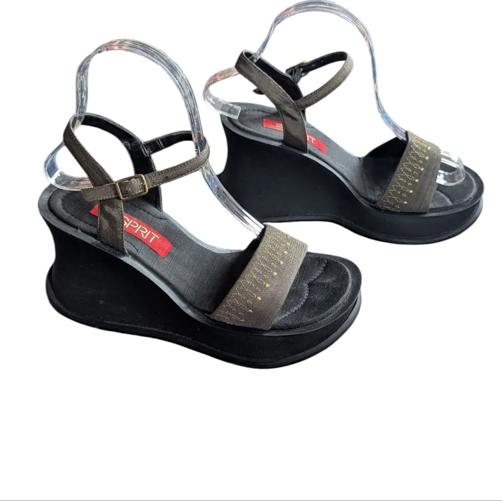 Vintage Y2K Esprit Platform Chunky Wedge Sandals Olive Green Gold Embroidery - Image 9