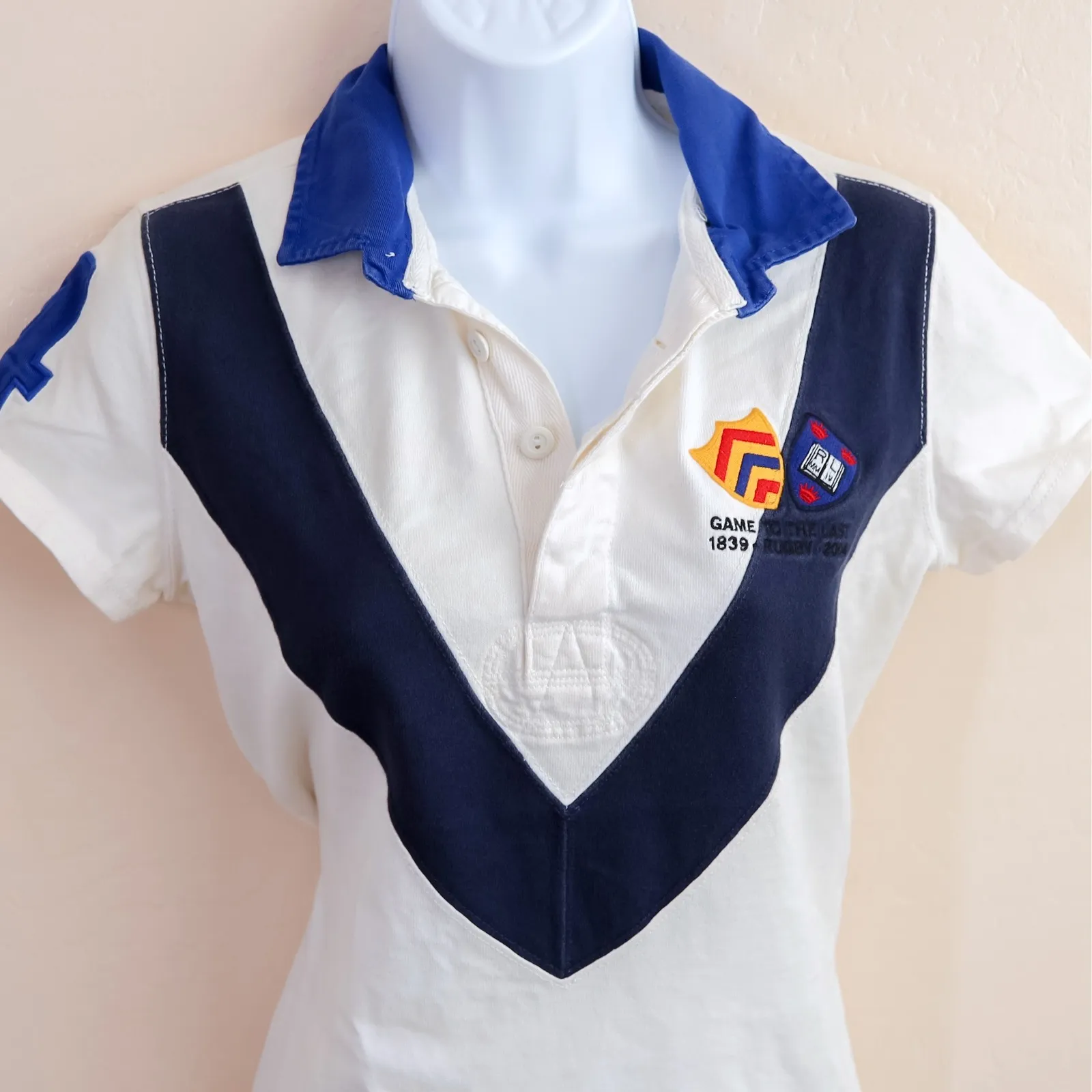 Rugby Ralph Lauren White‎ Polo Shirt Blue Collar Game To The Last 2004 Medium White - Image 6