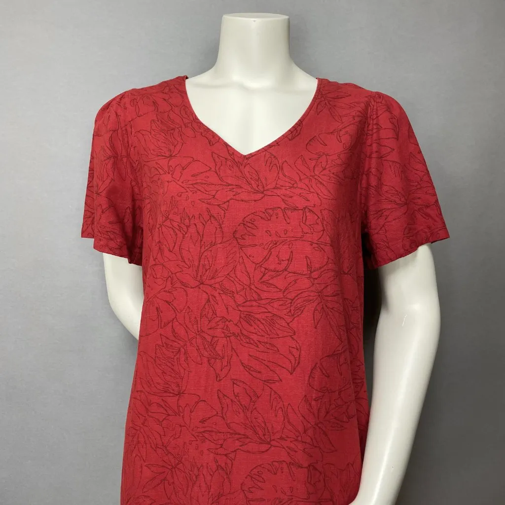 Nicole Miller Dress Linen Blend Short Sleeve Tropical Floral V-Neck Women Medium - Image 3