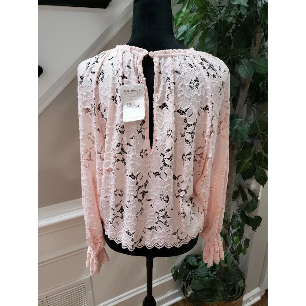 Free People Olivia Romantic Pink Lace Round Neck Flare Sleeve Blouse Size XS - Image 7