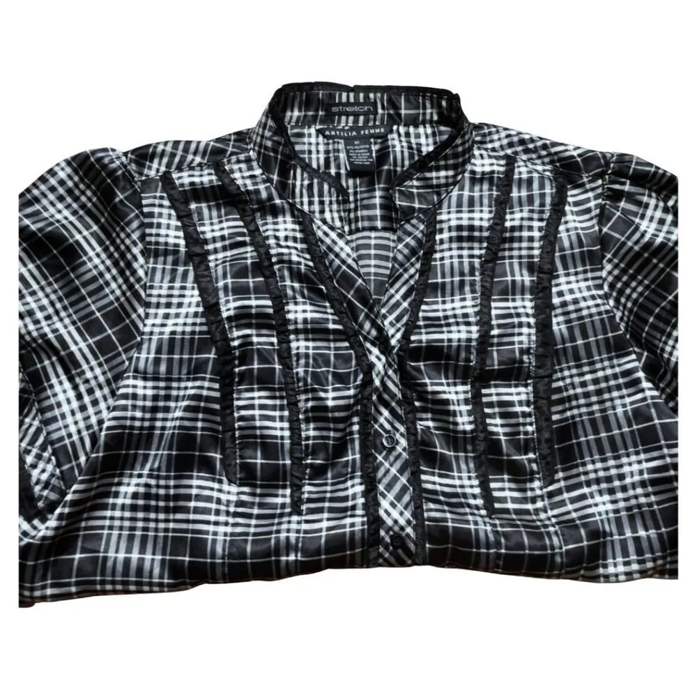 Antilia Femme Stretch Button Up Puff Sleeve Top Plus Size 3X Black and White - Image 11