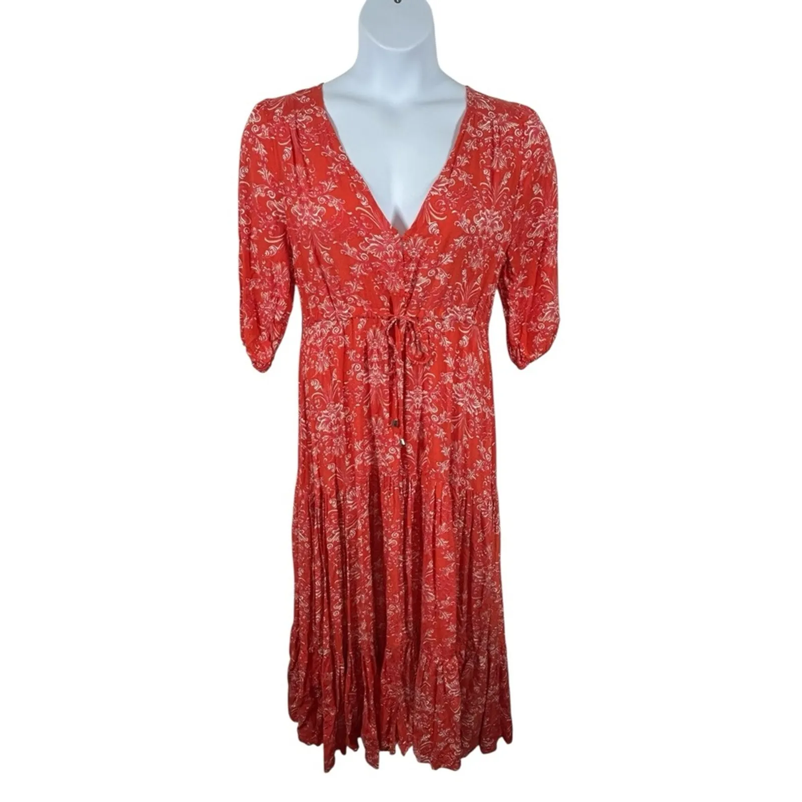 ABEL THE LABEL Strawberry Kisses Red Floral Boho Maxi Dress Size Small - Image 2