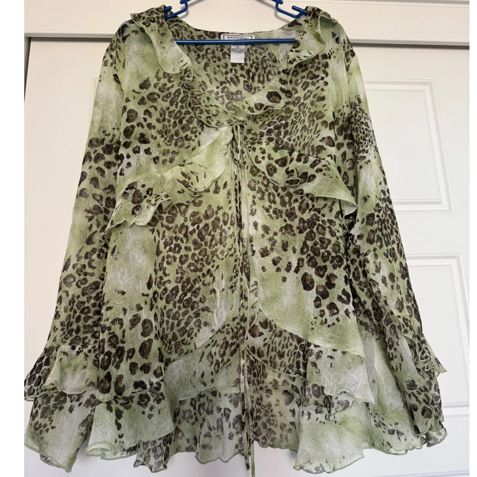 Y2K Vintage Simenton sz XL Green Sheer Ruffle Tie/Open Front Flutter Top Blouse - Image 2