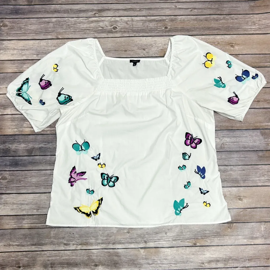 Talbots White Embroidered Butterflies Square Neck Elbow Puff Sleeve Poplin Top - Image 6