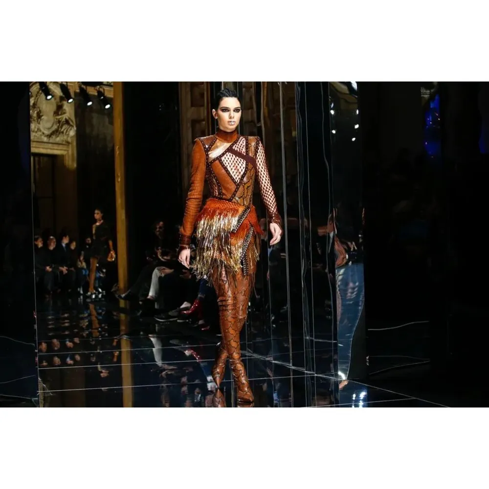 Balmain Fall 17 Runway Skirt Brown Tribal Lamb Leather Gold Fringe Brass Kendall - Image 2