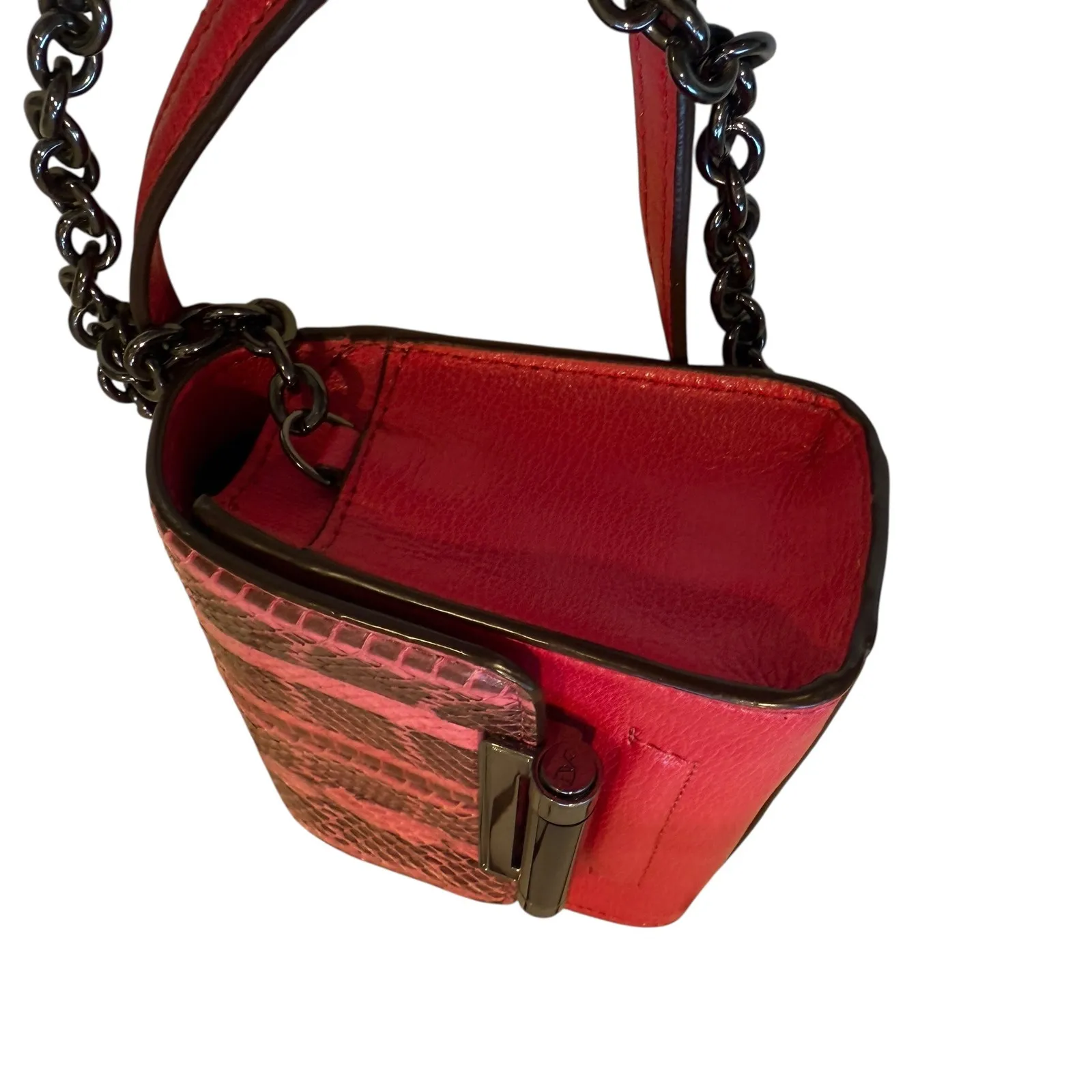 Diane Von Furstenburg Pink Snakeskin‎ Leather Mini Crossbody Bag Chain Strap - Image 3