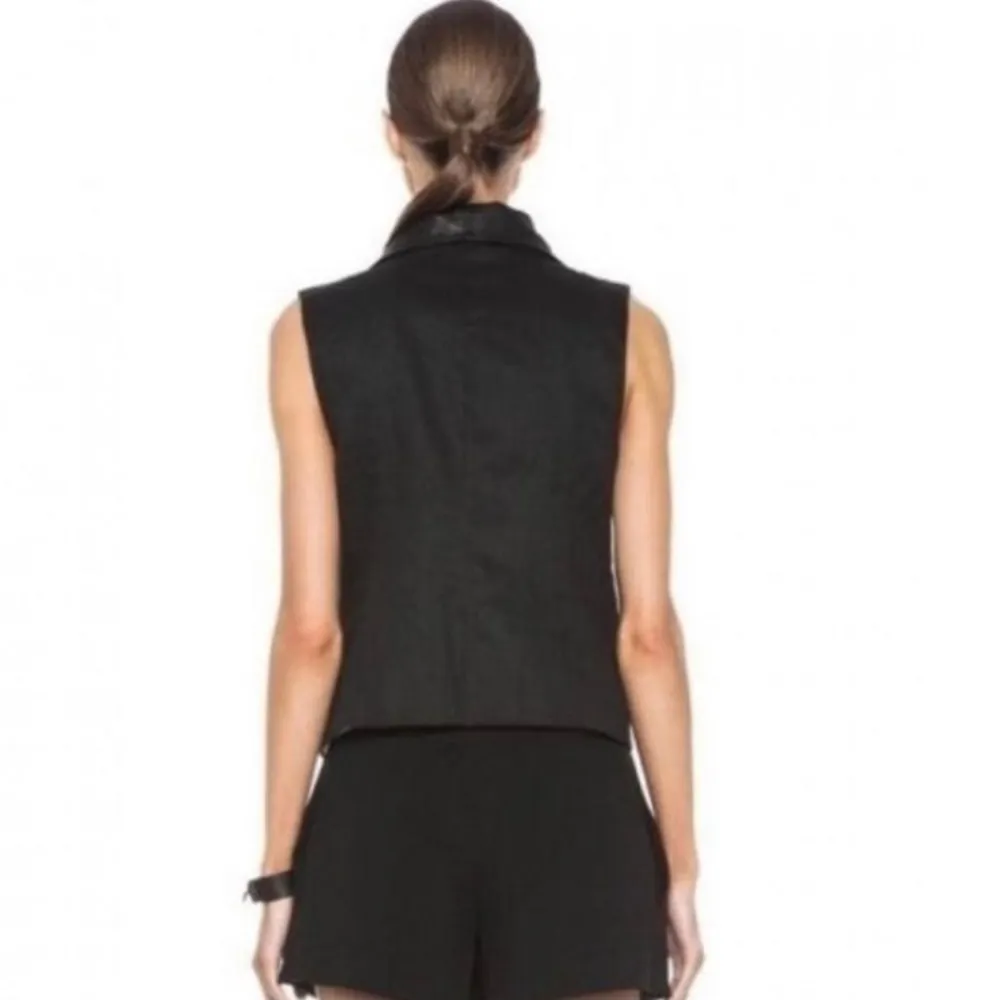 VINCE Black Leather Trim Linen Blend Asymmetrical Vest - Image 4
